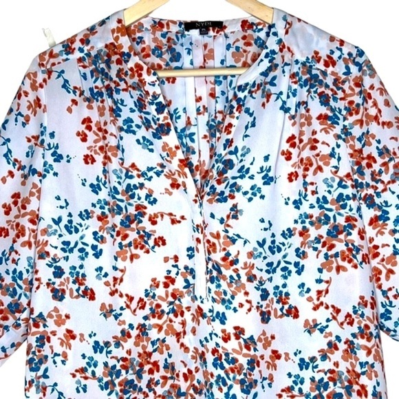 NYDJ White Peach Floral Print V Neck 3/4 Sleeve Pintuck Blouse Size Large P NWOT - Picture 8 of 14